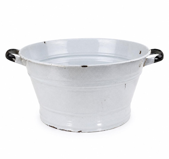 Vintage Grey Enamel Wash Basin, Large Farmhouse Enamel Tub with Black Handles