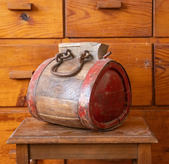 Vintage Bulgarian Wooden Horse Cart Water Keg, Handcrafted Farmhouse Barrel