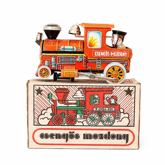 Vintage Hungarian Tin Toy Locomotive with Original Box – 1980s Csengős Mozdony