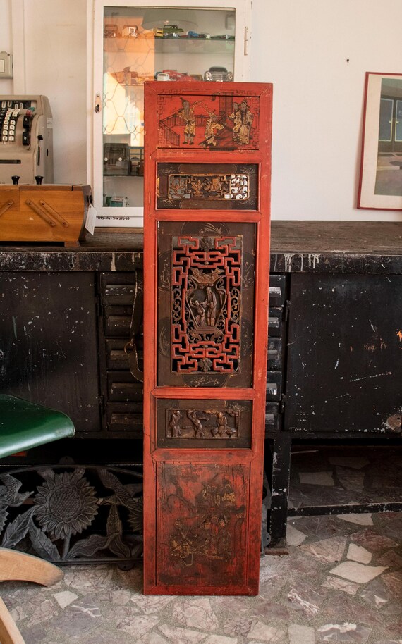Antique Chinese Carved and Painted Wooden Panel
