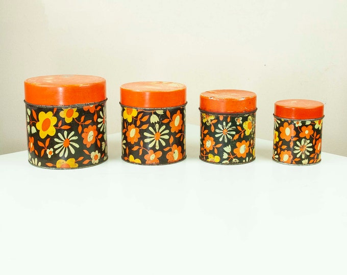 Set of 4 Vintage Tin Cans from the '70s made in Romania, Colorful Kitchen Tin Cans in Different Sizes