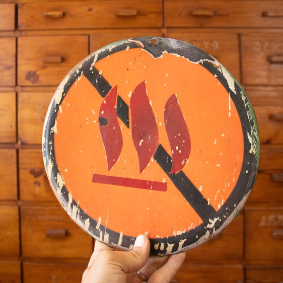 Vintage Flammable Warning Sign, Round Industrial Fire Hazard Sign