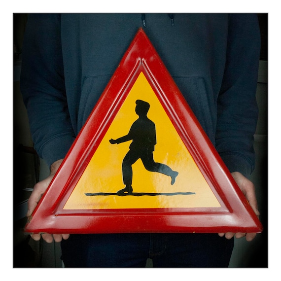 Large Vintage Enamel Triangular Traffic Sign, Enamel Pedestrian Road Sign