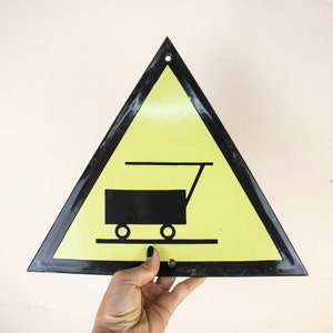 Vintage Enamel Mine Sign, Triangular Porcelain Enamel Sign