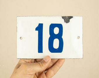 Porcelain Enamel Street Number Sign 18, Enamel House Number 18 Plate , Vintage Street Numbers Sign
