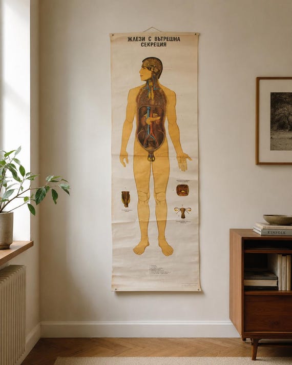 Vintage Bulgarian Anatomical Chart 1982 – Endocrine System School Poster