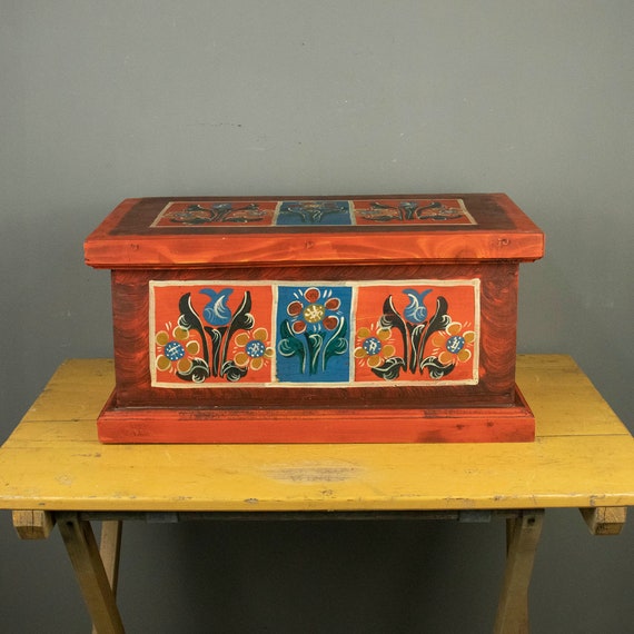 Vintage Red Romanian Handmade Painted Chest