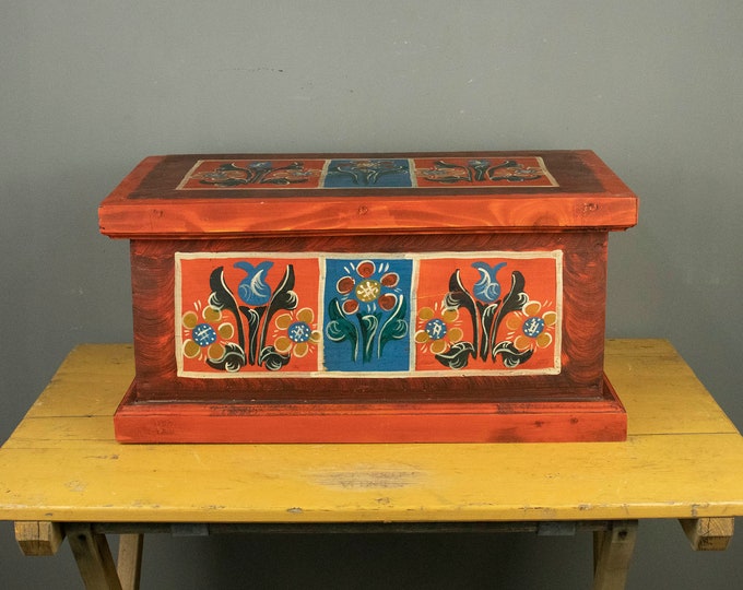 Vintage Red Romanian Handmade Painted Chest