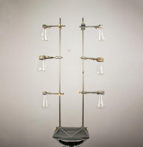 Large Double Vintage Laboratory Iron Stand with Six Erlenmeyer Flasks