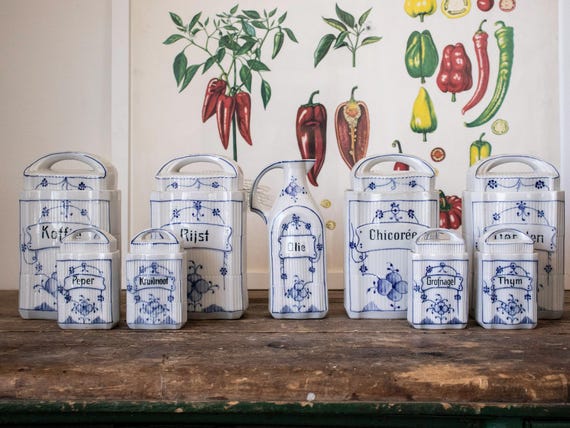 Vintage Dutch Blue & White Porcelain Kitchen Jar Set