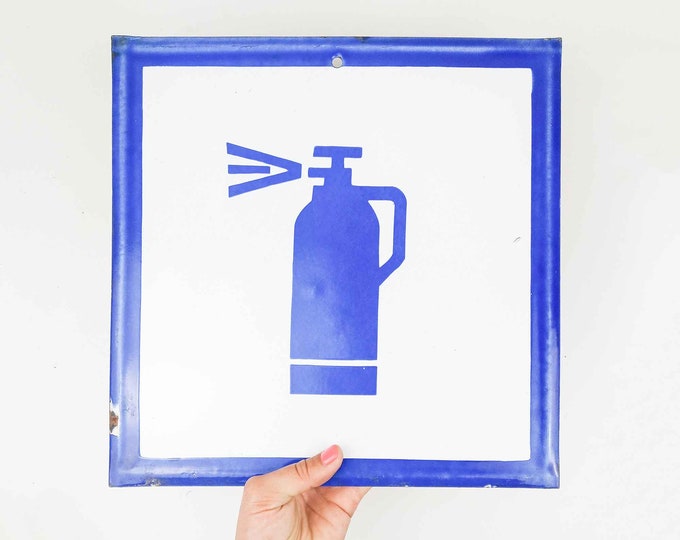 Square Vintage Enamel Sign , Vintage Factory Sign "Fire Extinguisher"