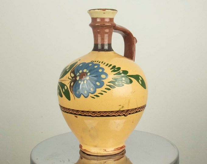 Vintage Traditional Bulgarian Earthenware Ewer, Handmade Traditional Glazed Pottery