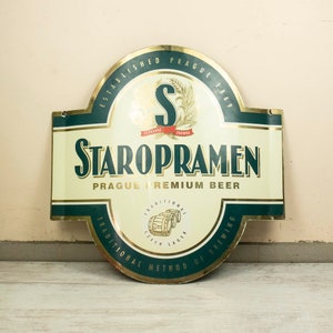 Large Vintage Metal Enamel Commercial Sign from Staropramen Czech Beer