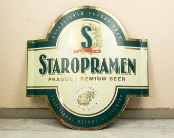 Large Vintage Metal Enamel Commercial Sign from Staropramen Czech Beer