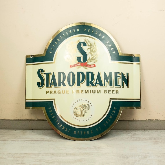 Large Vintage Metal Enamel Commercial Sign from Staropramen Czech Beer
