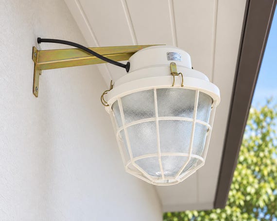 Vintage Czechoslovakian Industrial Wall Lamp – NOS Factory Light with Thick Glass – White Cage Sconce – 1990s