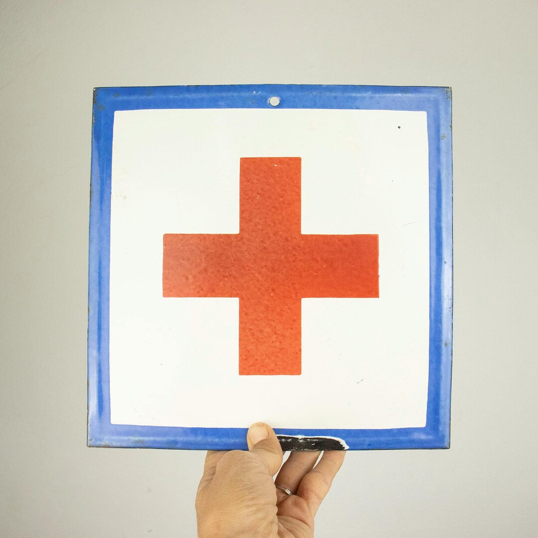 Square Enamel Sign With Red Cross, Vintage Enamel Sign From a First Aid ...