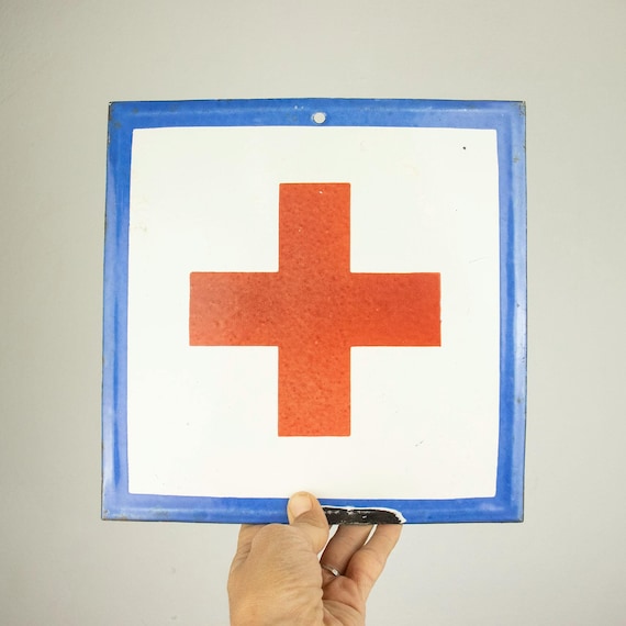 Square Enamel Sign with  Red Cross, Vintage Enamel Sign from a First Aid Cabinet