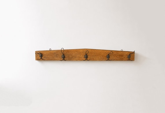 Vintage Rustic Bulgarian Wooden Wall Coat Rack with Ornate Metal Hooks