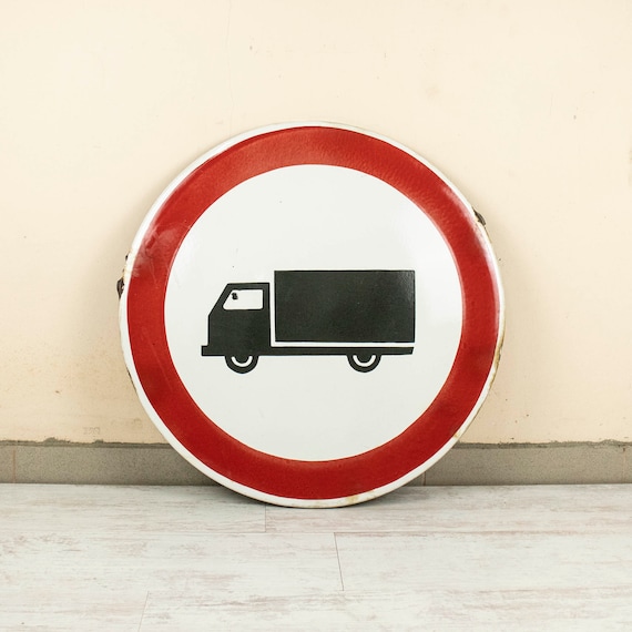 Large Vintage Enamel Road Sign , Old Enamel "No Trucks"