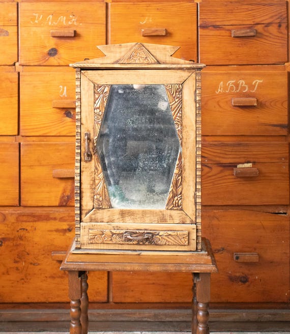 Vintage Art Deco Wooden Medicine Cabinet with Mirror