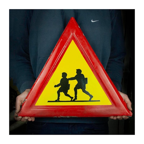 Large Vintage Enamel Triangular Traffic Sign form a School, Enamel "Kids Crossing" Road Sign