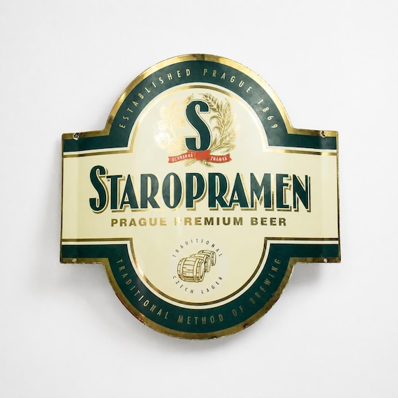 Vintage Staropramen Beer Sign – Czech Lager Advertising Sign – 1990s Enamel Bar Sign