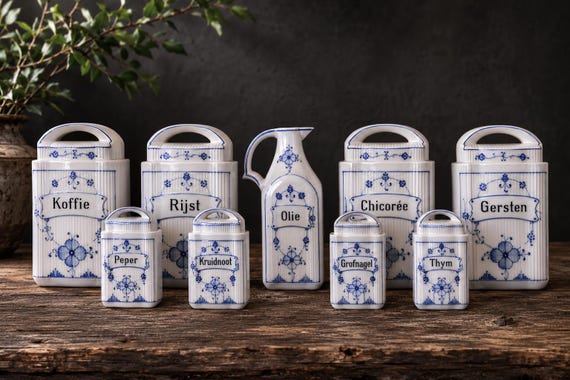 Vintage Dutch Blue & White Porcelain Kitchen Jar Set