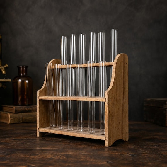 Vintage Lab Set of Test Tubes on a Wooden Stand