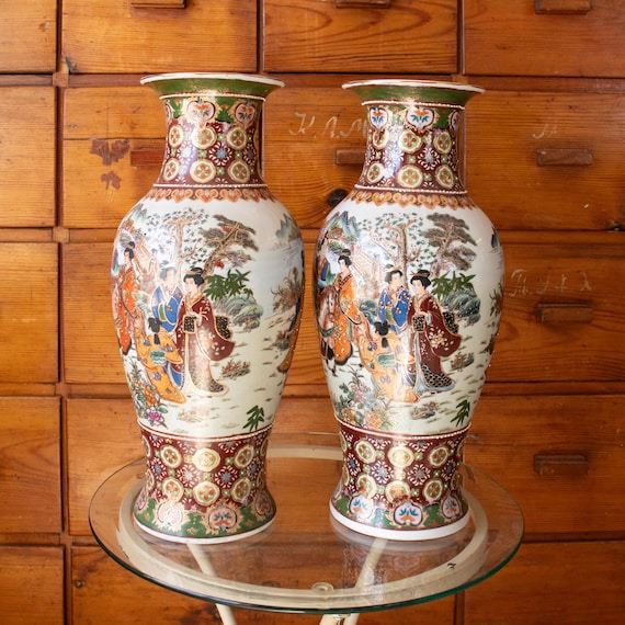 Pair of Large Vintage Chinese Satsuma Style Porcelain Vases