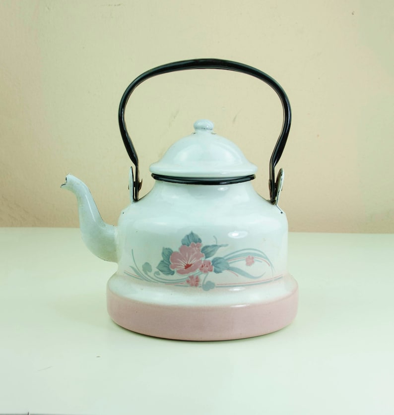 Small Vintage Enamel Teapot White Enamel Teapot with Pink Etsy