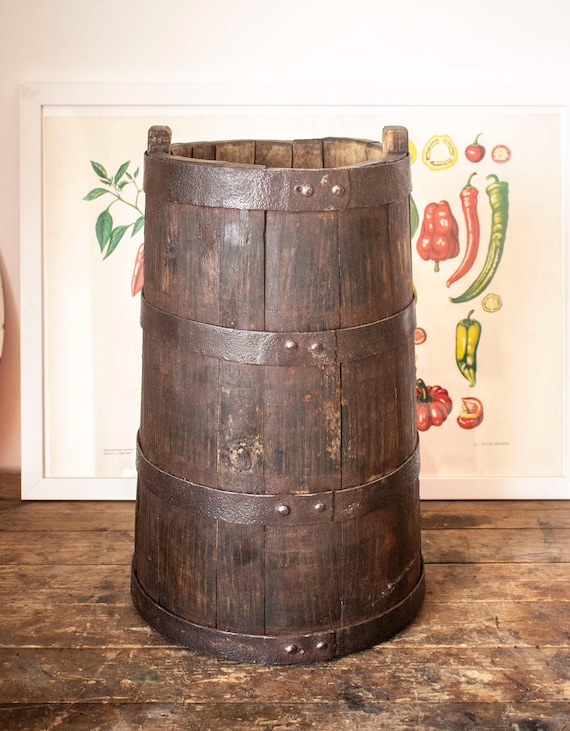 Rustic Wooden Bucket with Iron Hoops