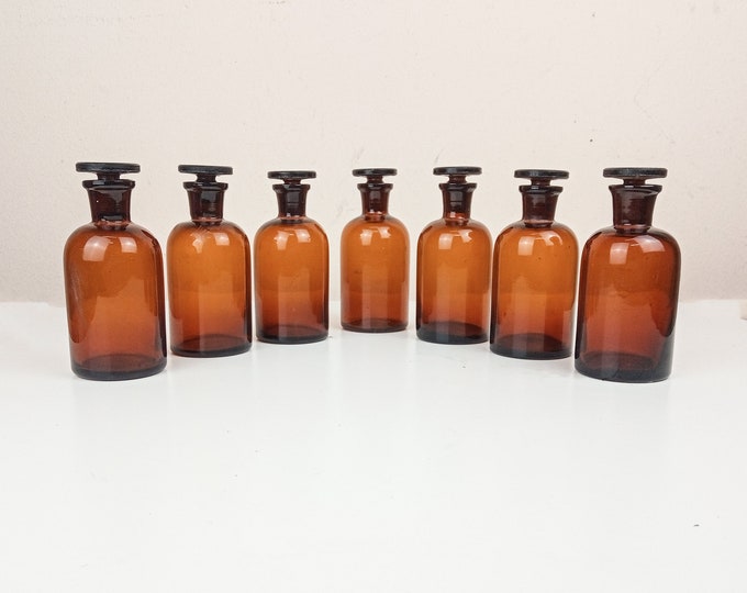Set of 7 Amber Medicine Bottles, Brown Vintage Apothecary Bottles, Vintage Medicine Colored Glass