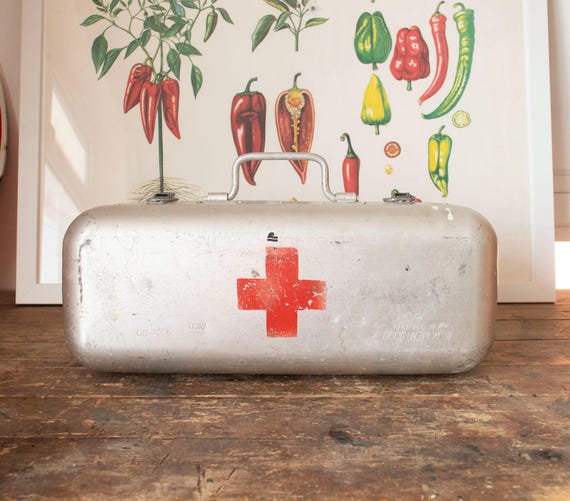 Vintage Hungarian Military First Aid Box, Metal Medical Case with Red Cross