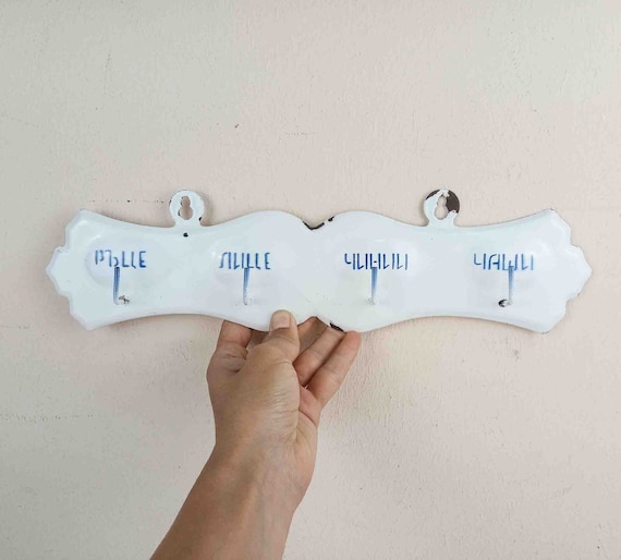 Vintage Porcelain Enamel Towel Hanger, White Enamel Kitchen Hanger