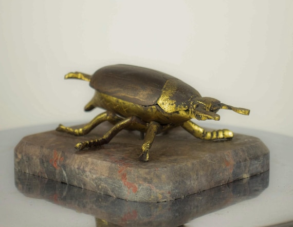 Vintage Brass May Beetle Trinket Box on Marble Base