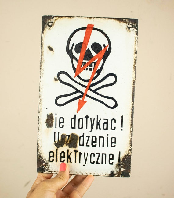 Vintage Polish Enamel Sign with Skull