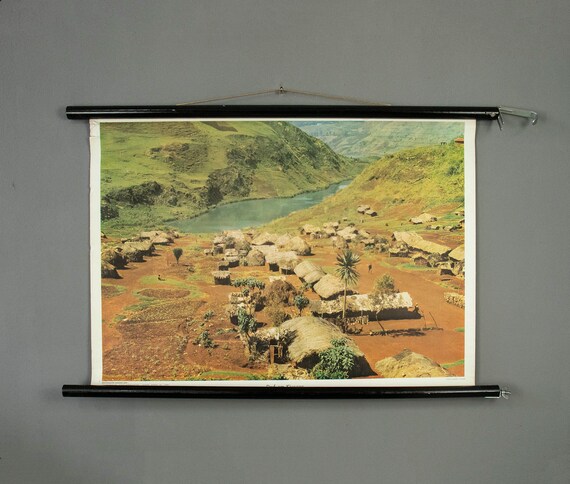 Vintage German Poster of a African Village on Kiwu Lake