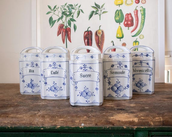 Vintage French/Belgian Porcelain Kitchen Canister Set – Blue & White Delft Style – 1930s–1950s