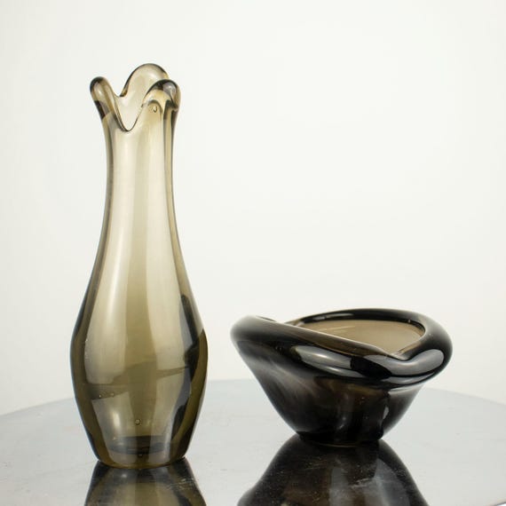 Vintage Handblown Glass Vase and Ashtray