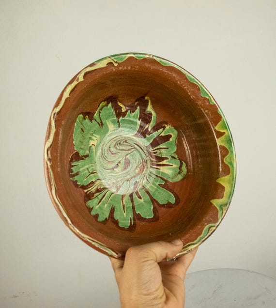 Large Vintage Handmade Pottery Bowl, 1930s–1960s Traditional Balkan Folk Ceramic