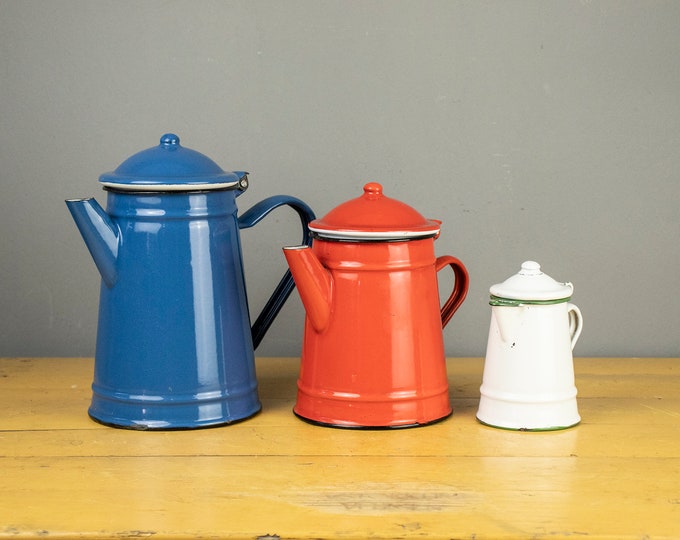 Set of 3 Vintage Colorful Enamel Coffee Pots