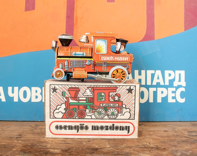 Vintage Hungarian Tin Locomotive Toy Csengos Mozdony 1980s with Box