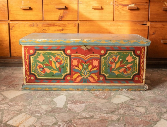 Vintage Bulgarian Painted Dowry Chest, 1950s Folk Art Wooden Trunk