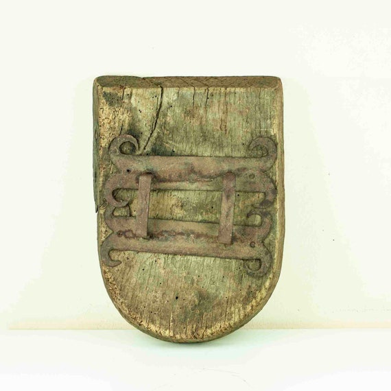 Large Vintage Wooden Part of a Door Lock with Cast Iron Elemets