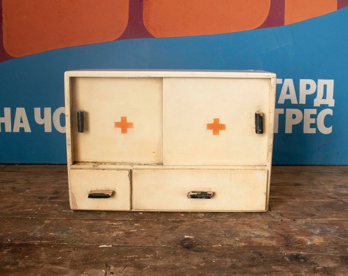 Wooden Medicine Cabinet with Red Cross, Vintage Pharmacy Cabinet, White Pharmacy Closet