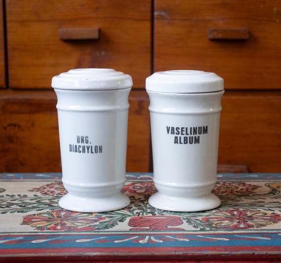 Pair of Vintage Porcelain Apothecary Jars, Pharmacy Storage Canisters