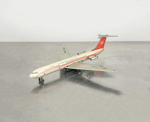 Vintage VEB Plasticart Il-62 Tin Airplane, 1970s GDR East Germany Jet Model