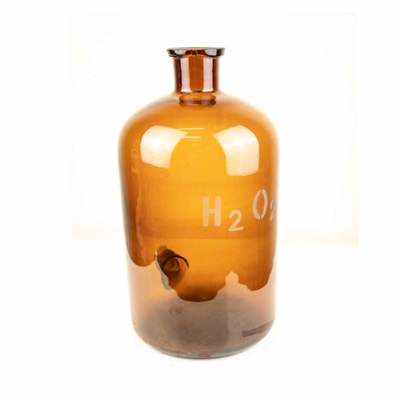Large Vintage Chemistry Lab H2O2 Bottle, Big Amber Hydrogen peroxide Glass Bottle with Two Openins