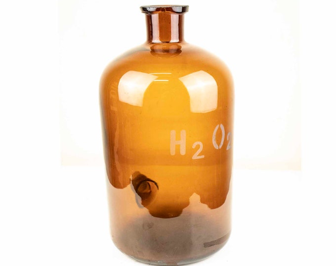 Large Vintage Chemistry Lab H2O2 Bottle, Big Amber Hydrogen peroxide Glass Bottle with Two Openins